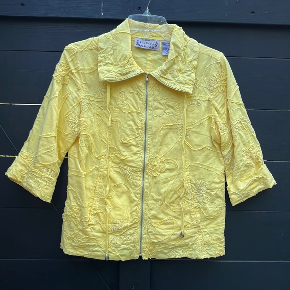 A Lifestyle bohemian style lined yellow cotton crop jacket